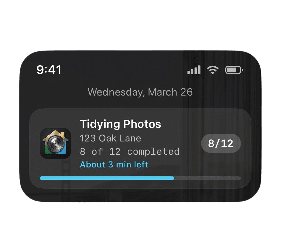 TidyAgent Live Activity showing property photo tidy progress on iPhone